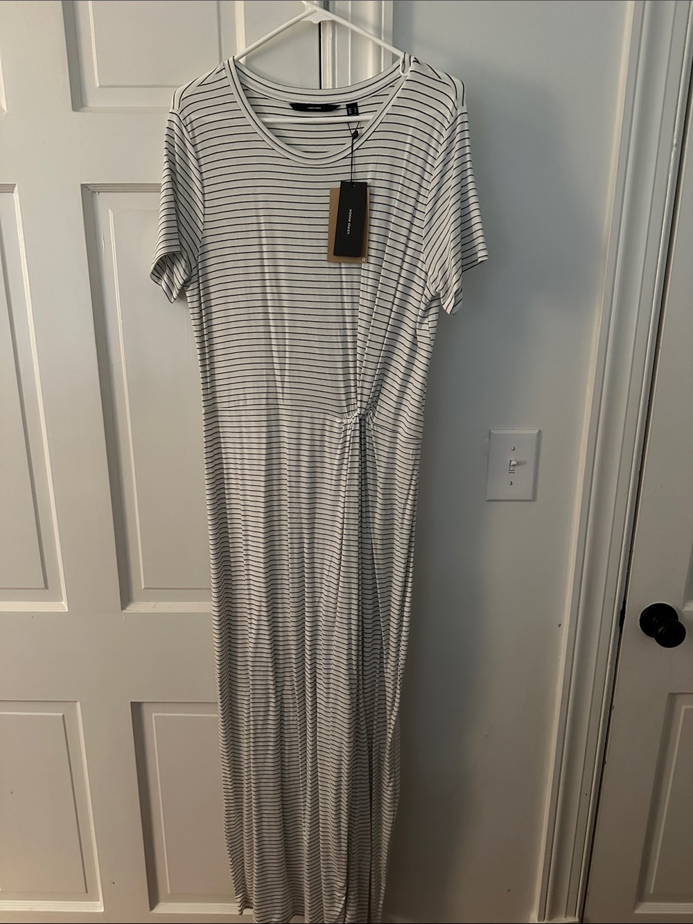 Vero Moda White and Black Striped Short-Sleeve Maxi Dress